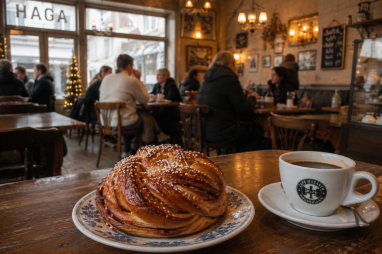 Coffee on the table inside a cozy traditional café in Haga, Gothenburg