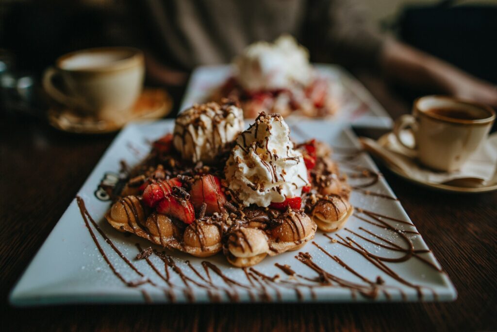 A dessert and coffee on a table in an Edinburgh cafe