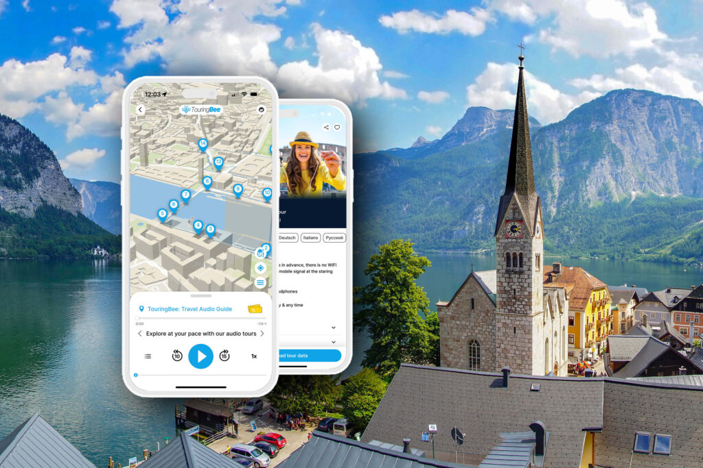 Hallstatt village panorama with church and lake