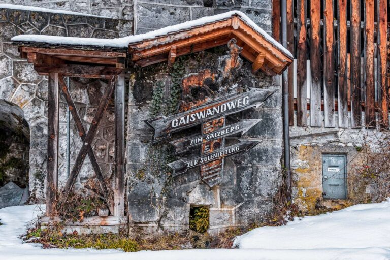 Historic house on a snowy lane in Hallstatt