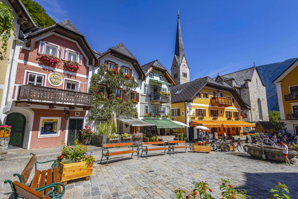 Hallstatt market square beneath the church spire