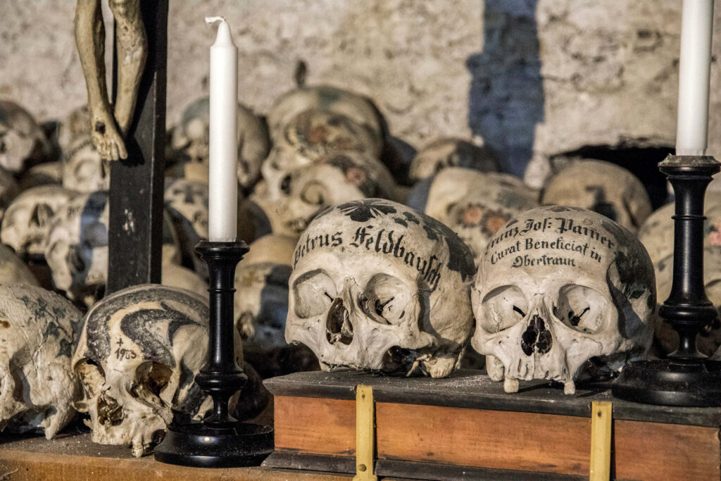 Painted skulls in the Hallstatt ossuary