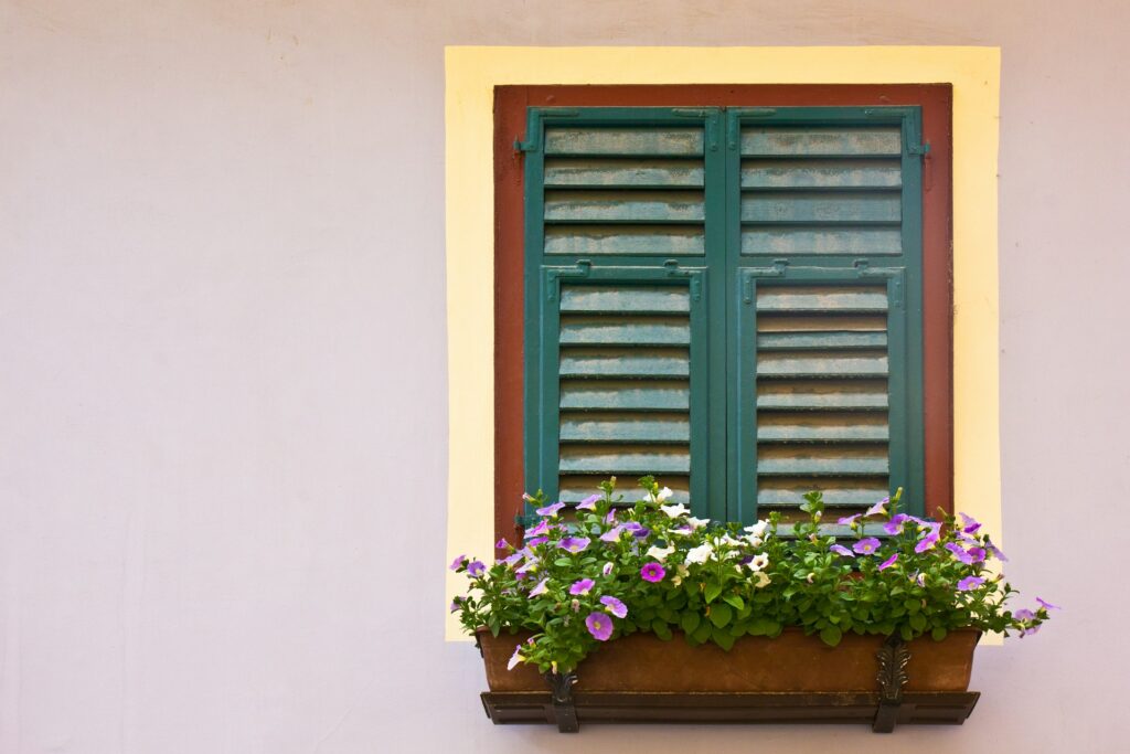 Fenster mit Blumen und Fensterläden in Hallstatt