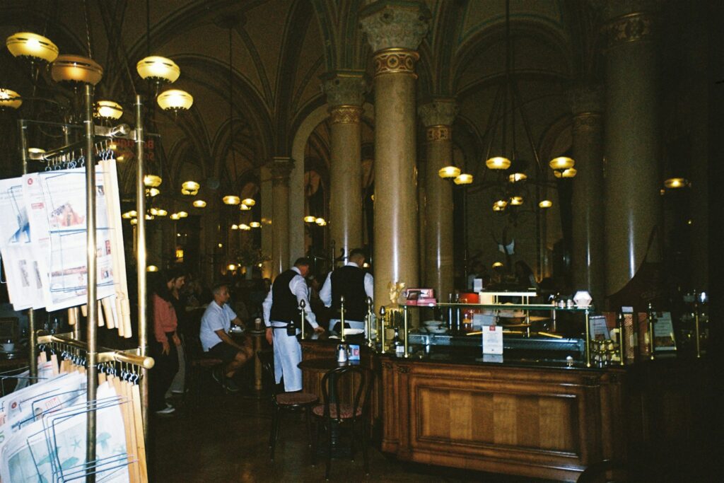 Columns and vaulted arches inside Café Central in Vienna