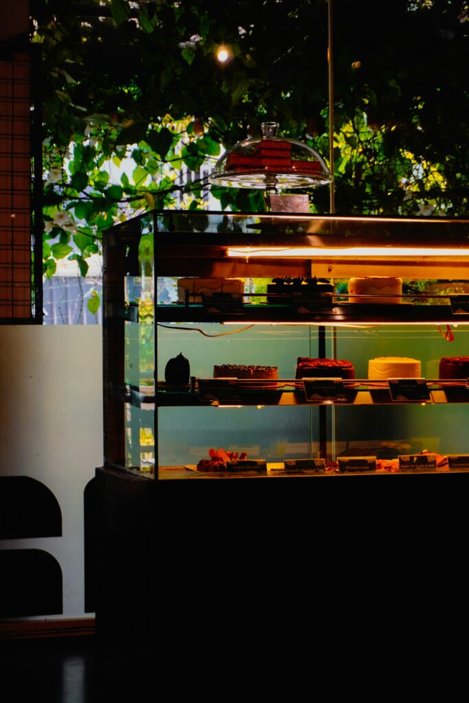A display case of cakes and pastries in a Viennese patisserie