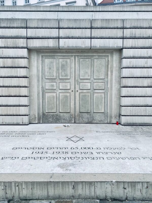Rachel Whiteread's Holocaust memorial on Judenplatz in Vienna, its cast concrete walls and inscription