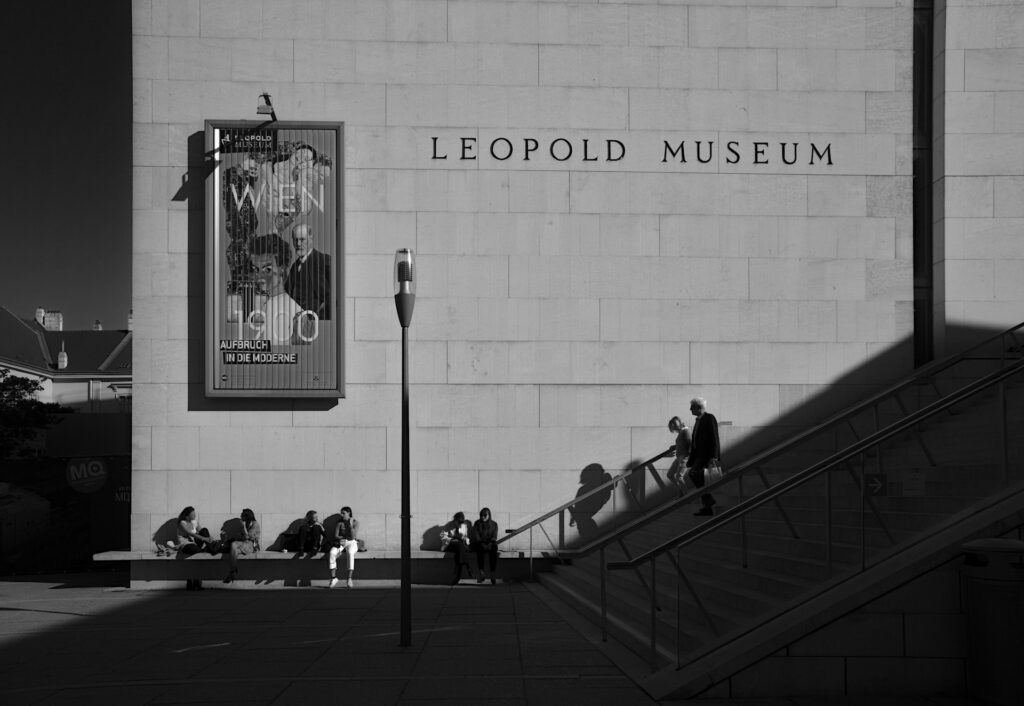 The pale limestone facade of the Leopold Museum in Vienna