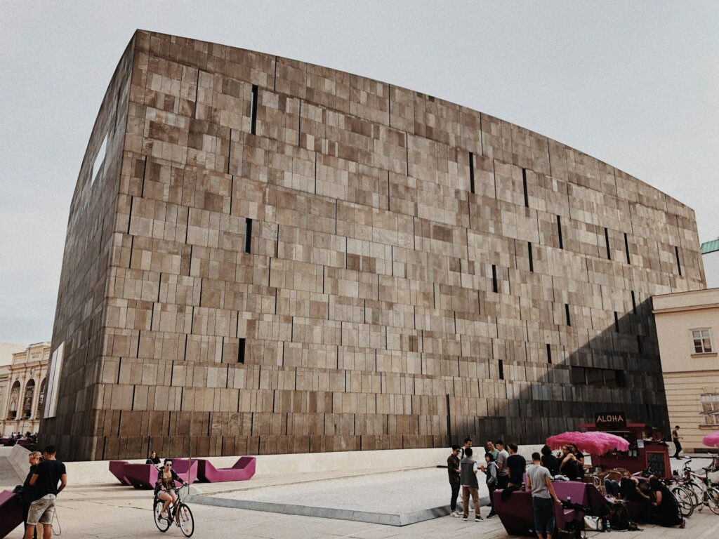 The MuseumsQuartier courtyard in Vienna with mumok and the coloured Enzi seating