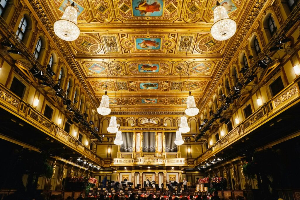 Gilded ceiling and balconies of the Musikverein Golden Hall, Vienna — TouringBee self-guided audio tour of the historic centre