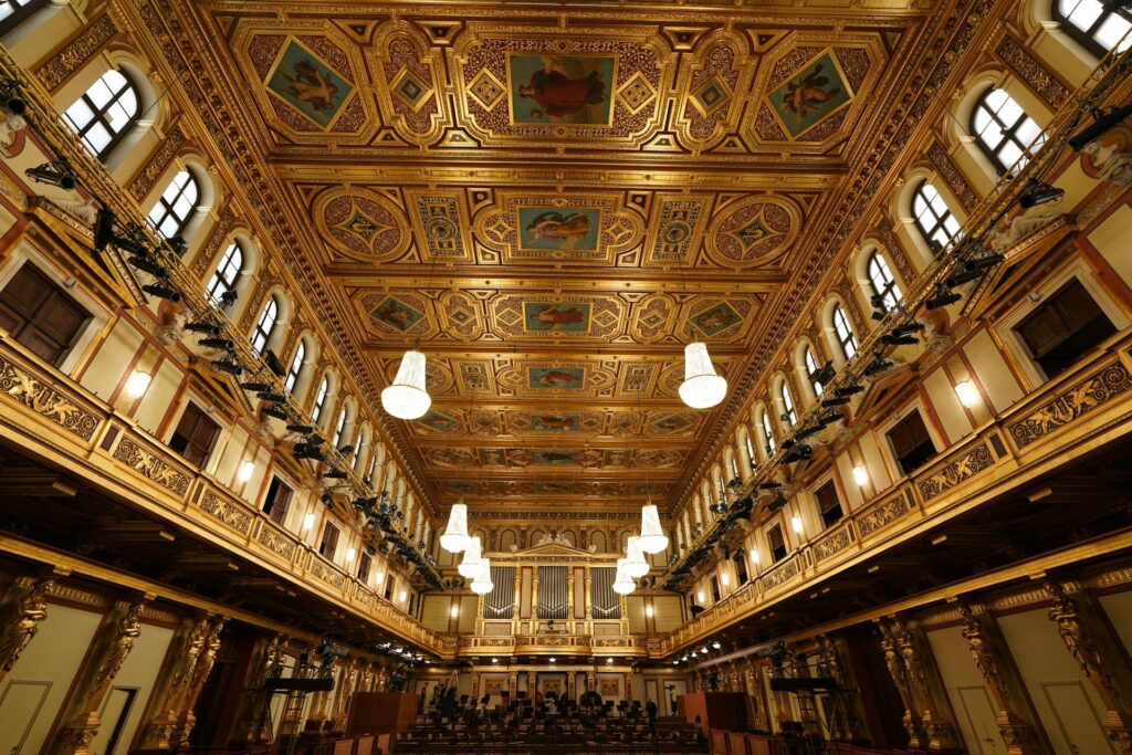 Golden Hall of the Musikverein in Vienna with its chandeliers and gilded balconies