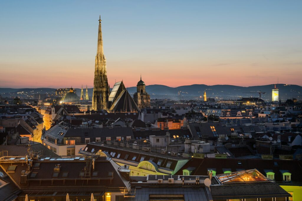 Vienna's old-town rooftops and St Stephen's Cathedral at dusk