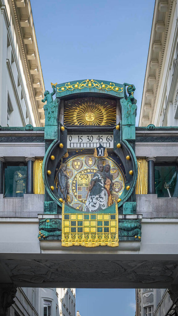 The Anker Clock in Vienna, an Art Nouveau bridge clock with moving historical figures