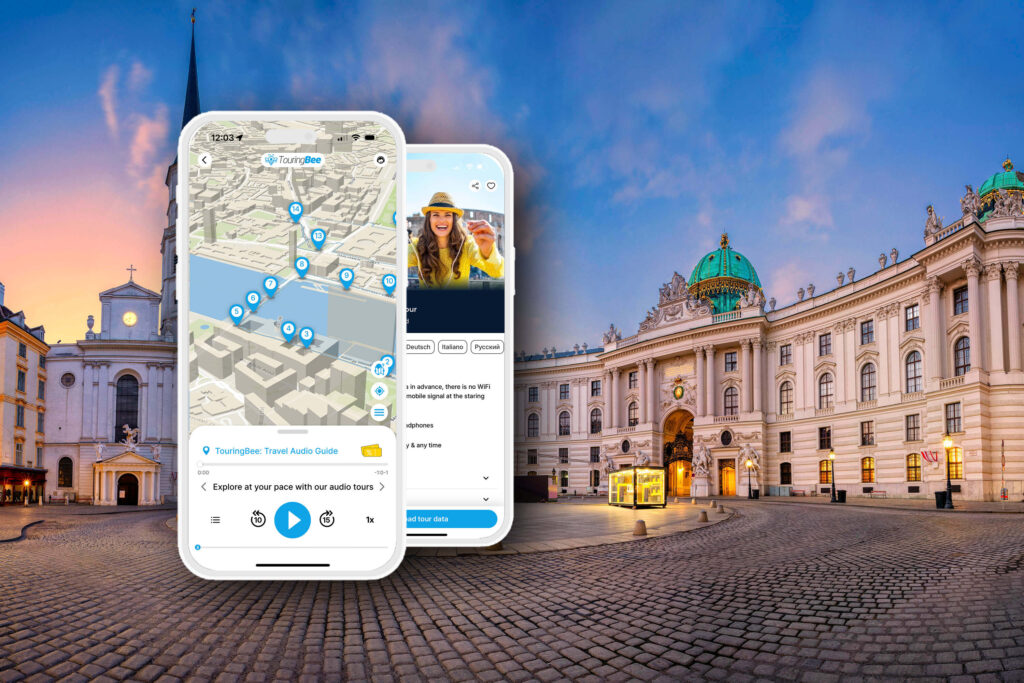 TouringBee app map showing the Vienna walking route and its numbered stops